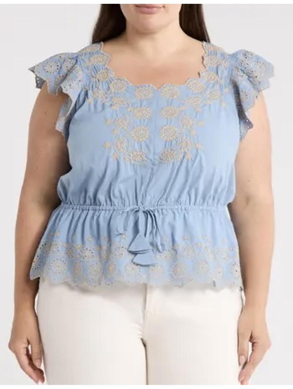 Democracy Embroidered Eyelet Flutter Sleeve Peplum Top NWT Blue Khaki Size 2X